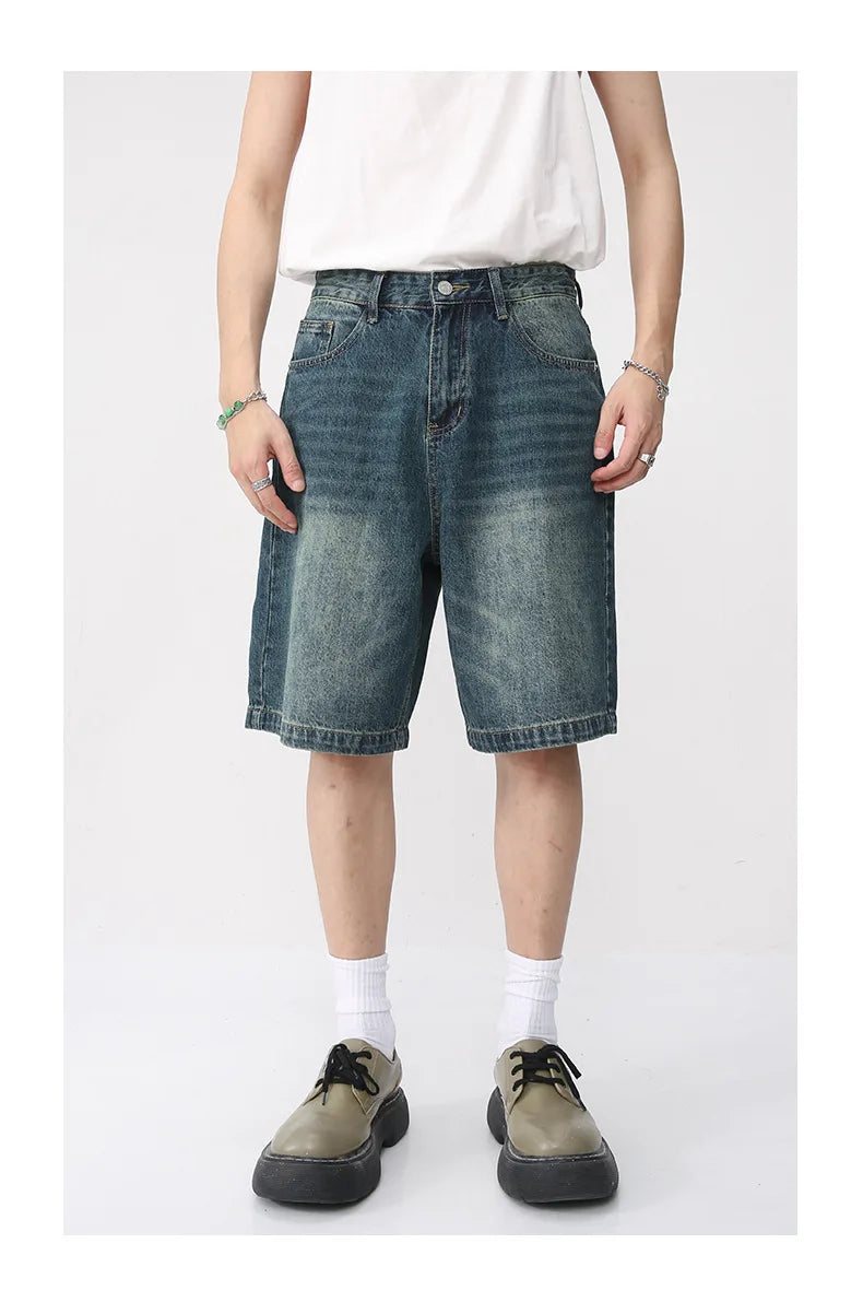 Men Summer Denim Shorts New Korean Loose Vintage Fashion Wash Casual Over Knee Capris Straight Leg Pants