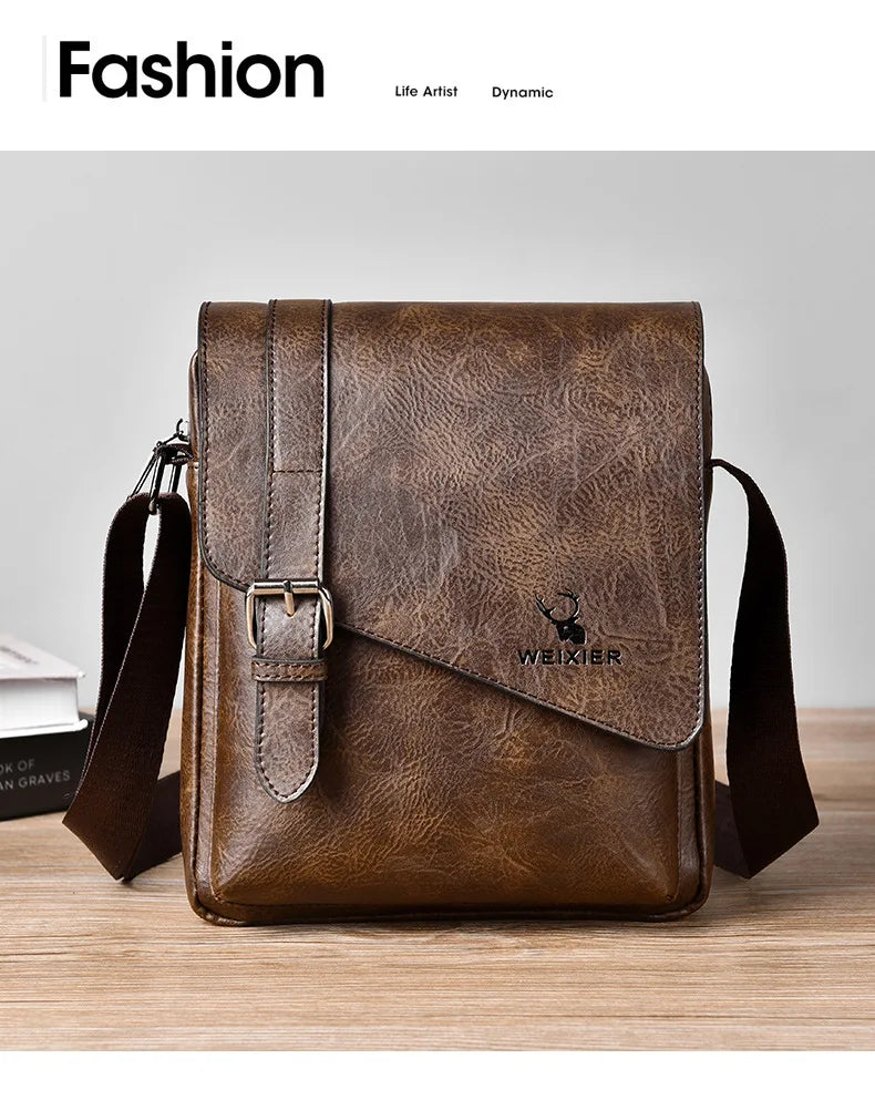 WEIXIER Men Retro Business Shoulder Bag New Fashion Brand PU Leather Handbag Versatile Travel Crossbody Tote Bags Toolkit 2024