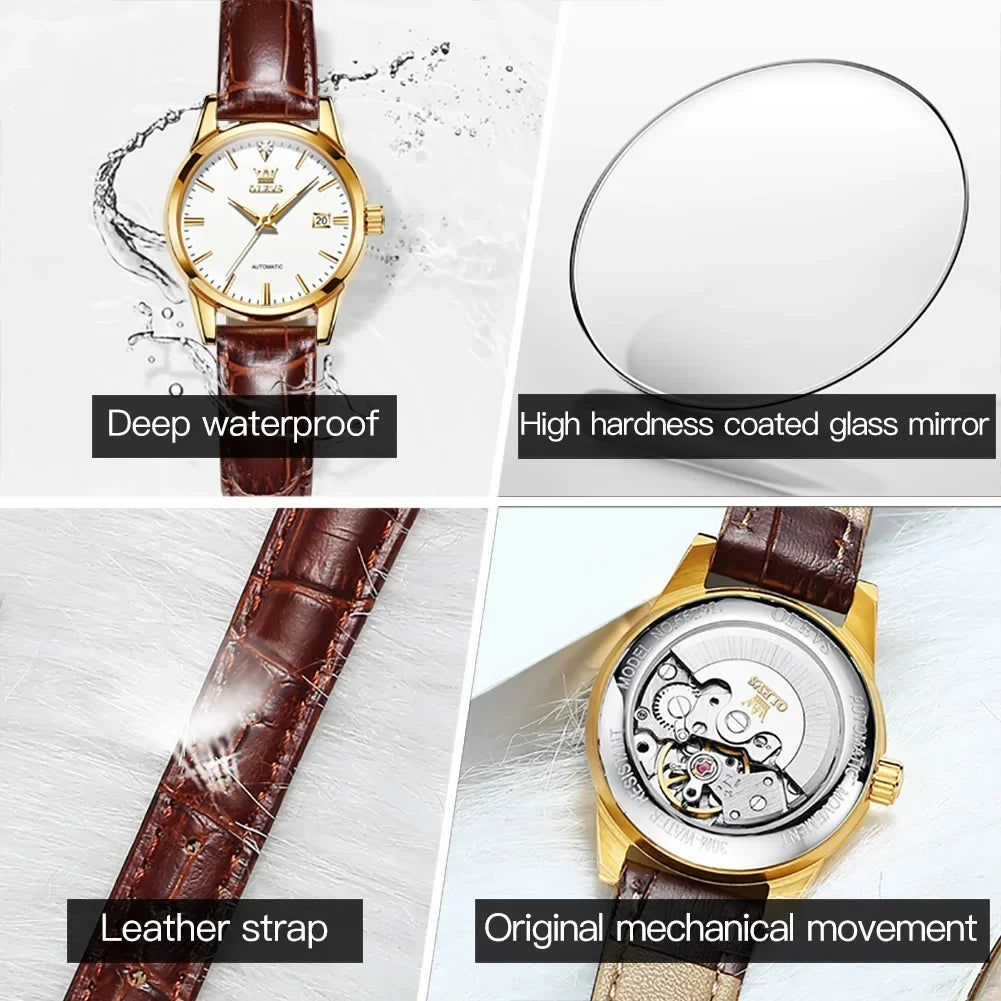 OLEVS Automatic Mechanical Skeleton Watch for Women New Casual Leather Strap Waterproof Elegant Women's Wristwatches Reloj Mujer