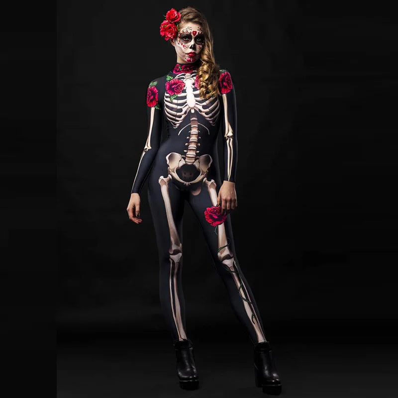 European and American Halloween women's personalized cosplay parent-child outfit rose skeleton printed jumpsuit