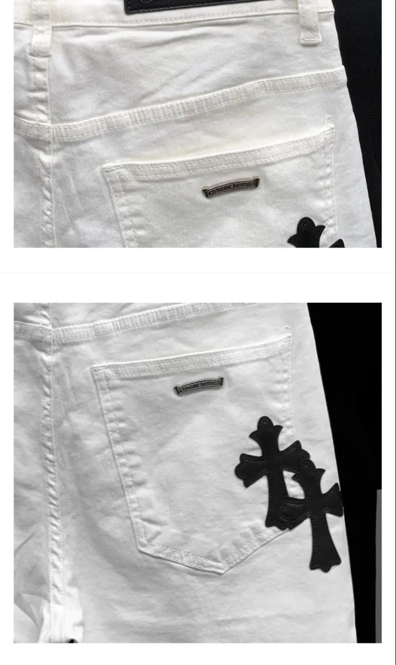 Summer Cotton Elastic Shorts Men's American Style Street Fashion Brand Embroidered White Denim Shorts For Men And Women