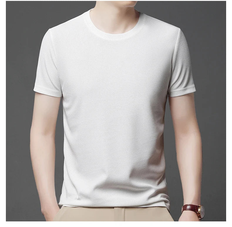 New Summer Waffle Round Neck Short Sleeved T-shirt for Men's Short Sleeved Top