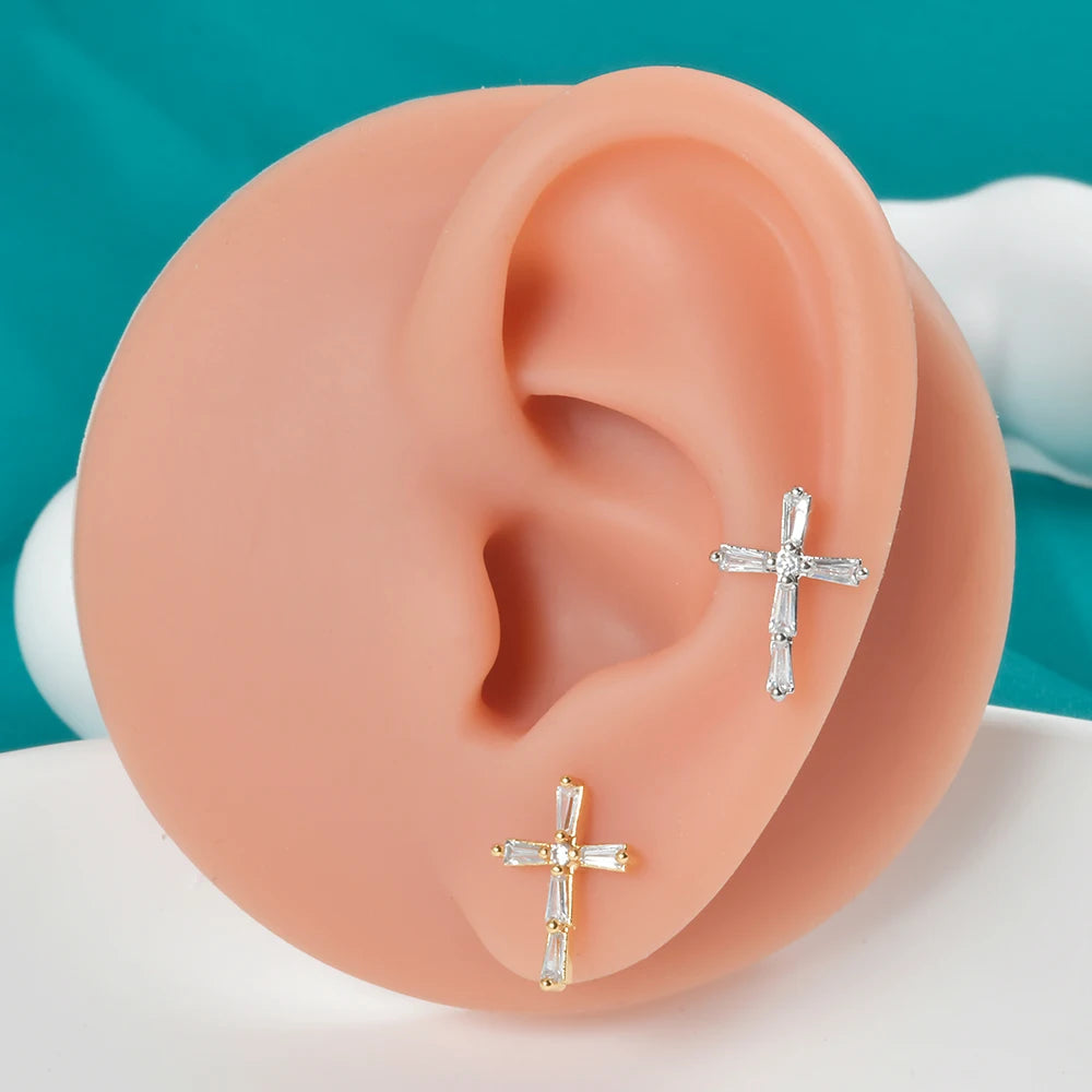 2PCS Cross Stud Earrings for Women Girls Men Labret Crystal CZ Helix Tragus Cartilage Ear Studs Punk 20G Piercing Jewelry