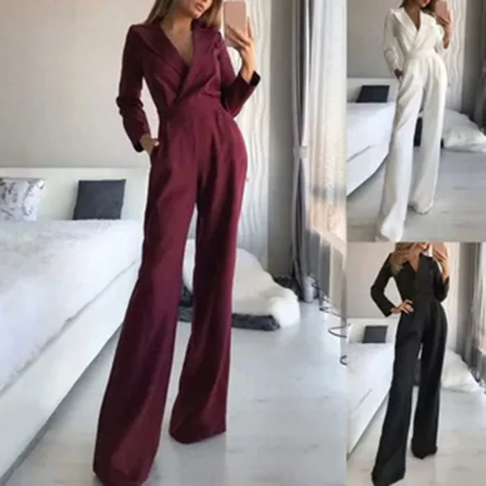 Spring Summer New Solid Color Suit Collar Women's Jumpsuit Fashion Pocket Slim Elegant Female Office Jumpsuit