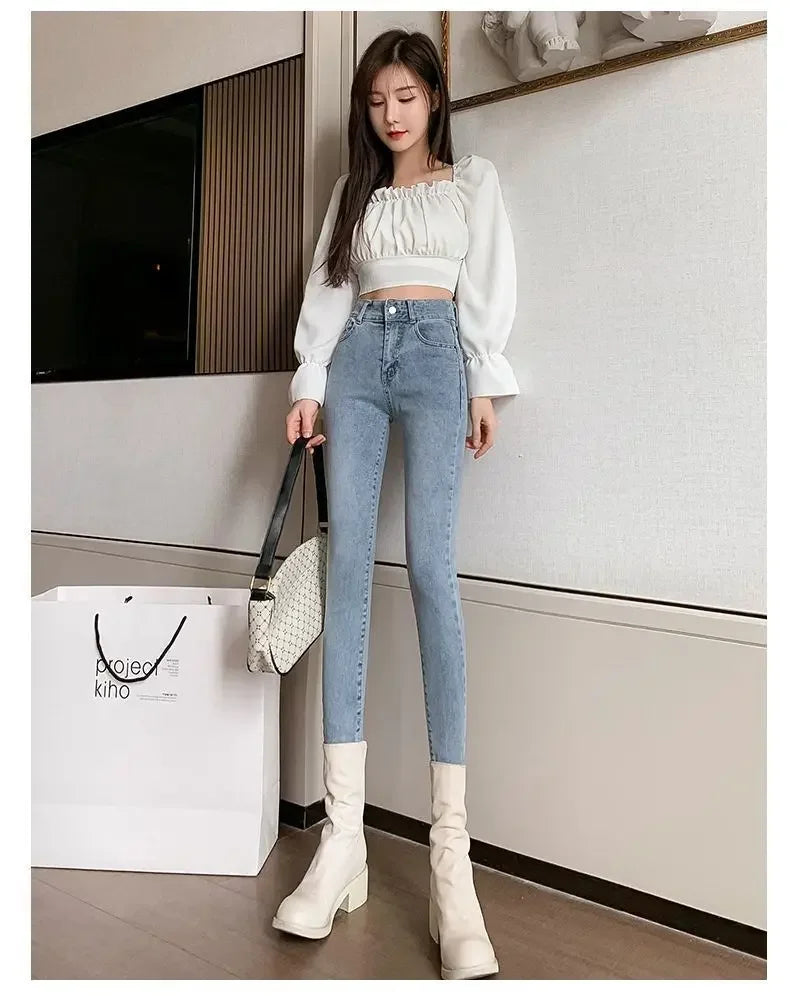 High-Waisted Slimming Stretchy Korean-Style Tight Jeans Women's Fleece-Lined Casual Trousers Warm Long Pants