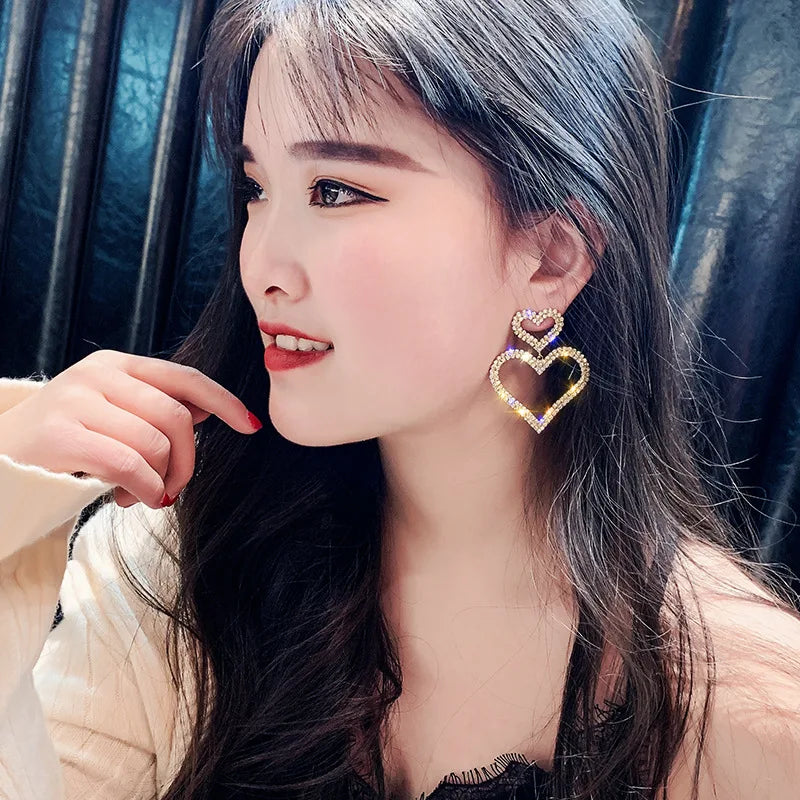 Luxury Big Double Love Heart Rhinestone Drop Earrings for Women Girls Crystal Korean Statement Wedding Party Ear Jewelry Gifts