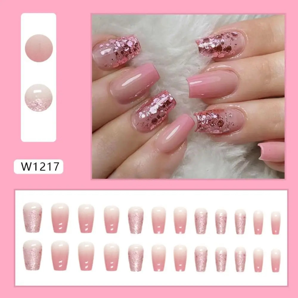 24pcs Gradient Fake Nails French Ballerina Nail Waterproof Faux Medium Coffin false nails Fingernails Press on Nails Tips