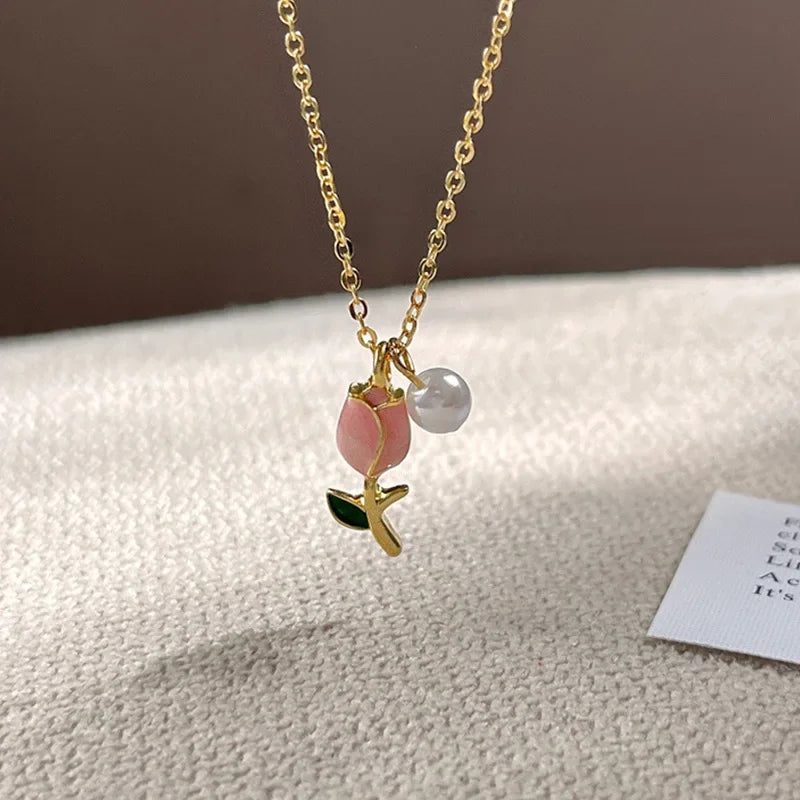 Trendy Fashion Pink Tulip Necklace Earrings Women's Set Temperament Party Sweet Simple Jewelry Set Accessories Gifts