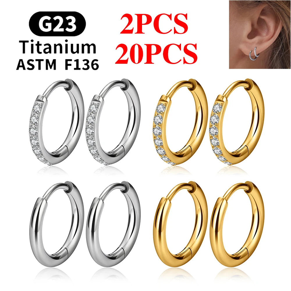 2/20PCS G23 Titanium Earring Hoop CZ Hinged Segment Round Nose Ring for Women Ear Tragus Cartilage Helix Daith Piercing Jewelry