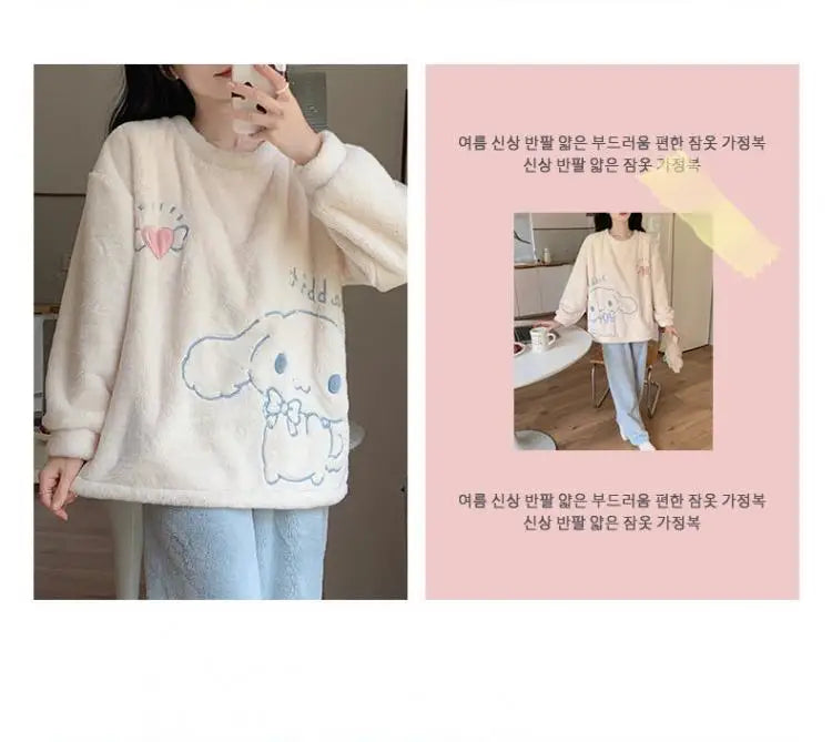 Cute Cinnamoroll Winter Pajamas Suit Sanrioed Anime Kawaii Cartoon Plush Homewear with Chest Pad Women Flannel Warm Nightwear