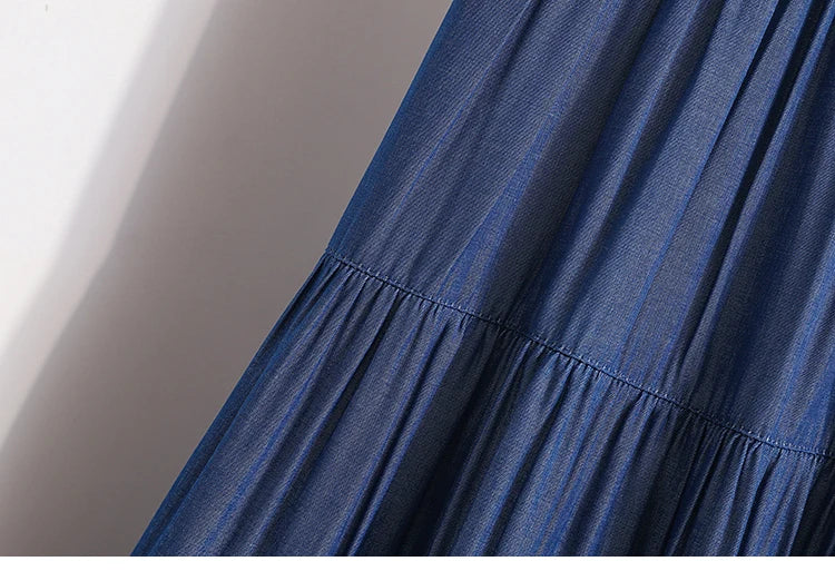 Women's Patchwork Denim Color Spliced A-line Skirt Tencel Big Swing Long Thin Skirt