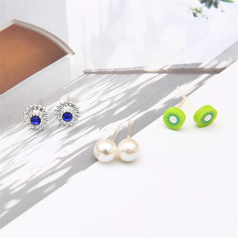 Mixed Rhinestone Small Earrings Plastic Flowers Moon Heart Star Moon Ear Stud Earrings Set For Women Lady Piercing Jewelry