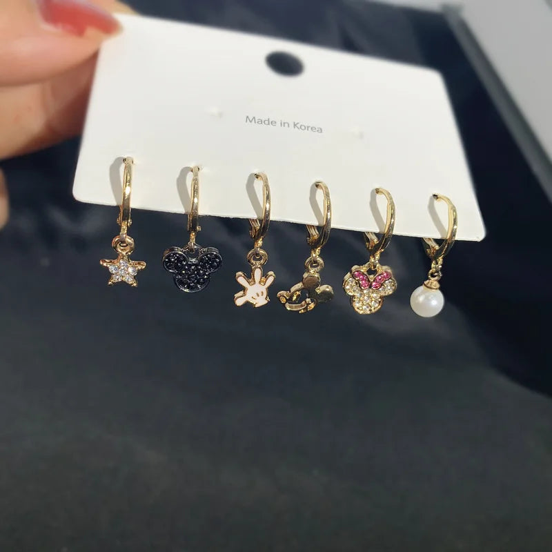 6PCS/Set Disney Mickey Mouse Earrings for Women Girl Anime Jewelry Accessor Asymmetrical Fashion Stud Earring Kids Birthday Gift