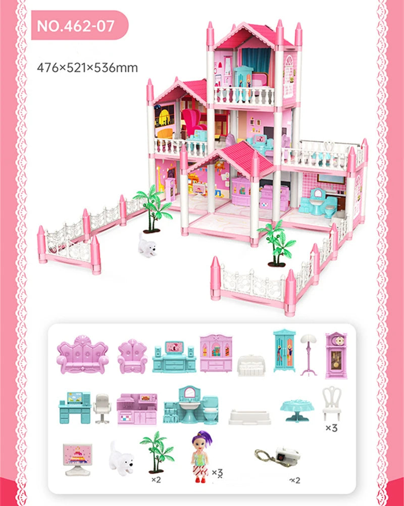 3D DIY Dream Princess Castle Villa Assembly Doll House Set Toy Girl Family Toy Children's Music Doll House Assembly Villa House