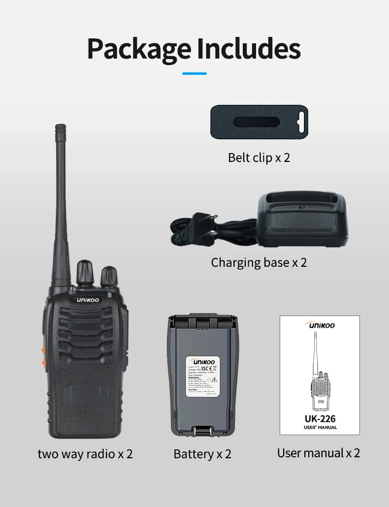 2 pcs UNIKOO Long Range Walkies Talkies Set FRS Two Way Ham Radios UHF Mini Walkie Talkie Set Transceive For Camping Hotel UK226