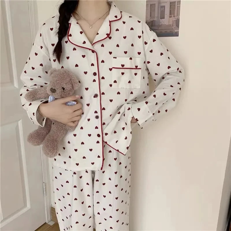 Large Size Sexy Nightwear Women Sleepwear Autumn and Winter Cardigan Home Wear Peach Heart Long Sleeves School Silk Pajamas