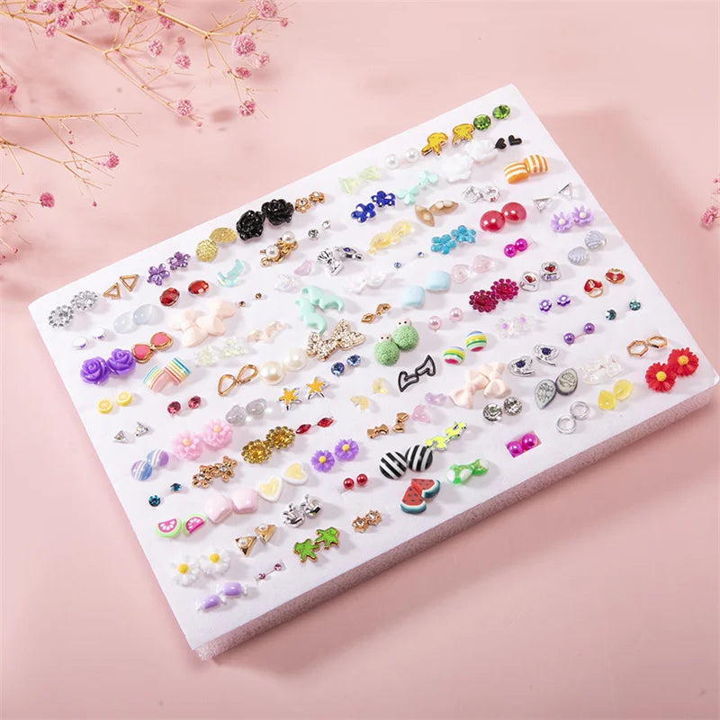 100Pair Women Acrylic Crystal Small Stud Earrings Set Women Heart Star Animal Moon Plastic Geometric Earring Jewelry Gifts