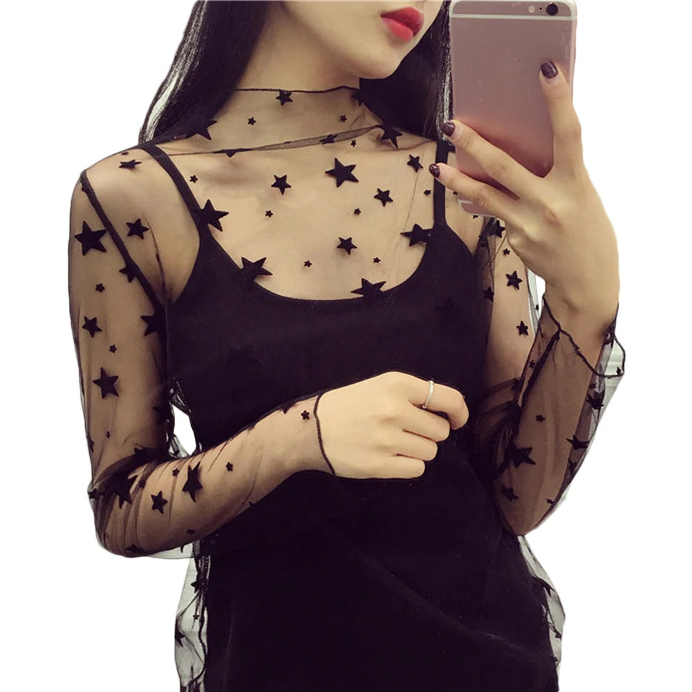 Women Fashion T-Shirts Versatile Tulle Mesh Long Sleeve Casual Printed Base Blouses Ladies Thin Tops Soft Comfortable Blouses