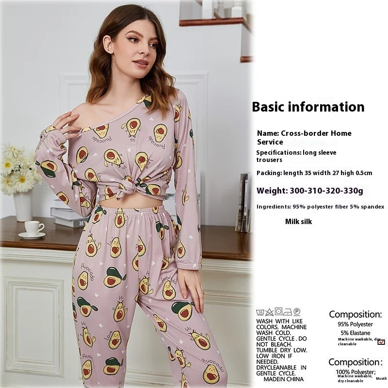 Autumn and Winter Models of Christmas Pajamas Homewear Set of Women's Milk Silk Printing Fabric Long-Sleeved Long Pants Suit