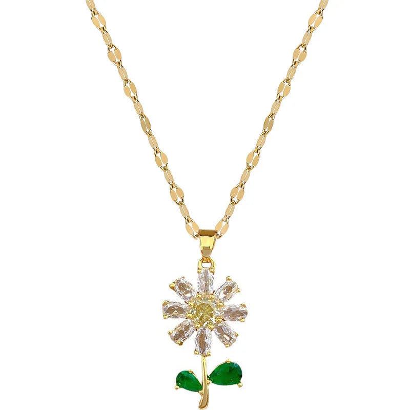 [Titanium Steel] Green Leaf Flower Zircon Necklace and Earrings Set Light Luxury Micro-encrusted Earrings and Necklaces Set