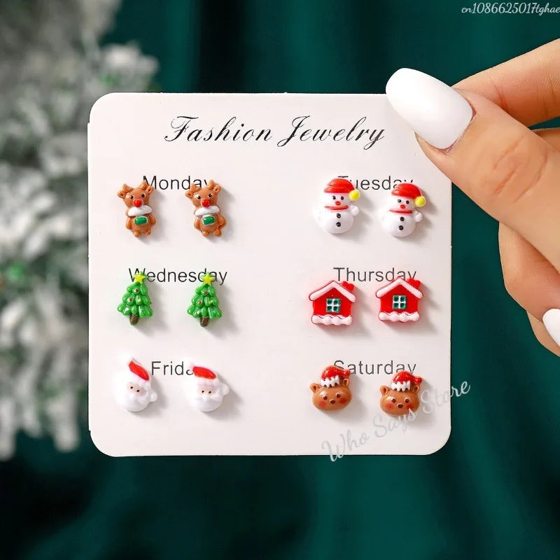 6 Pairs/Set Christmas Stud Earring For Women Cute Cartoon Resin Snowflake Santa Claus Elk Earrings Girl Party New Year Jewelry