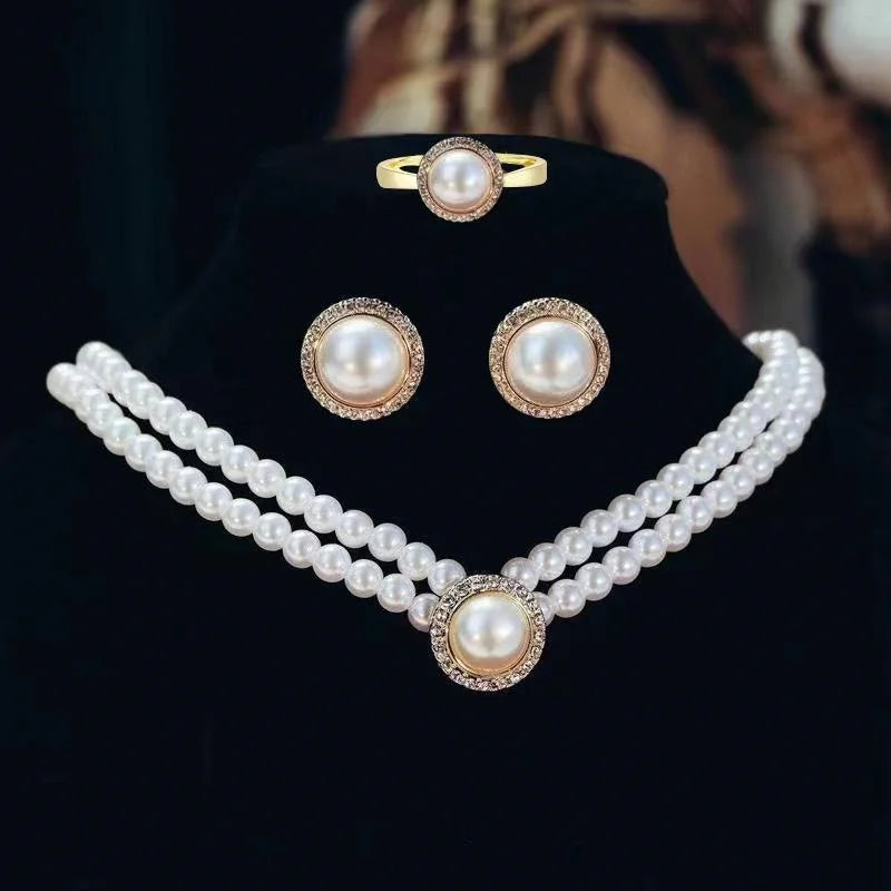 Elegant Big White Imitation Pearl Necklace Earring Ring Jewelry Set Crystal Jewelry Fashion Wedding Bridal Accessory Set Gifts