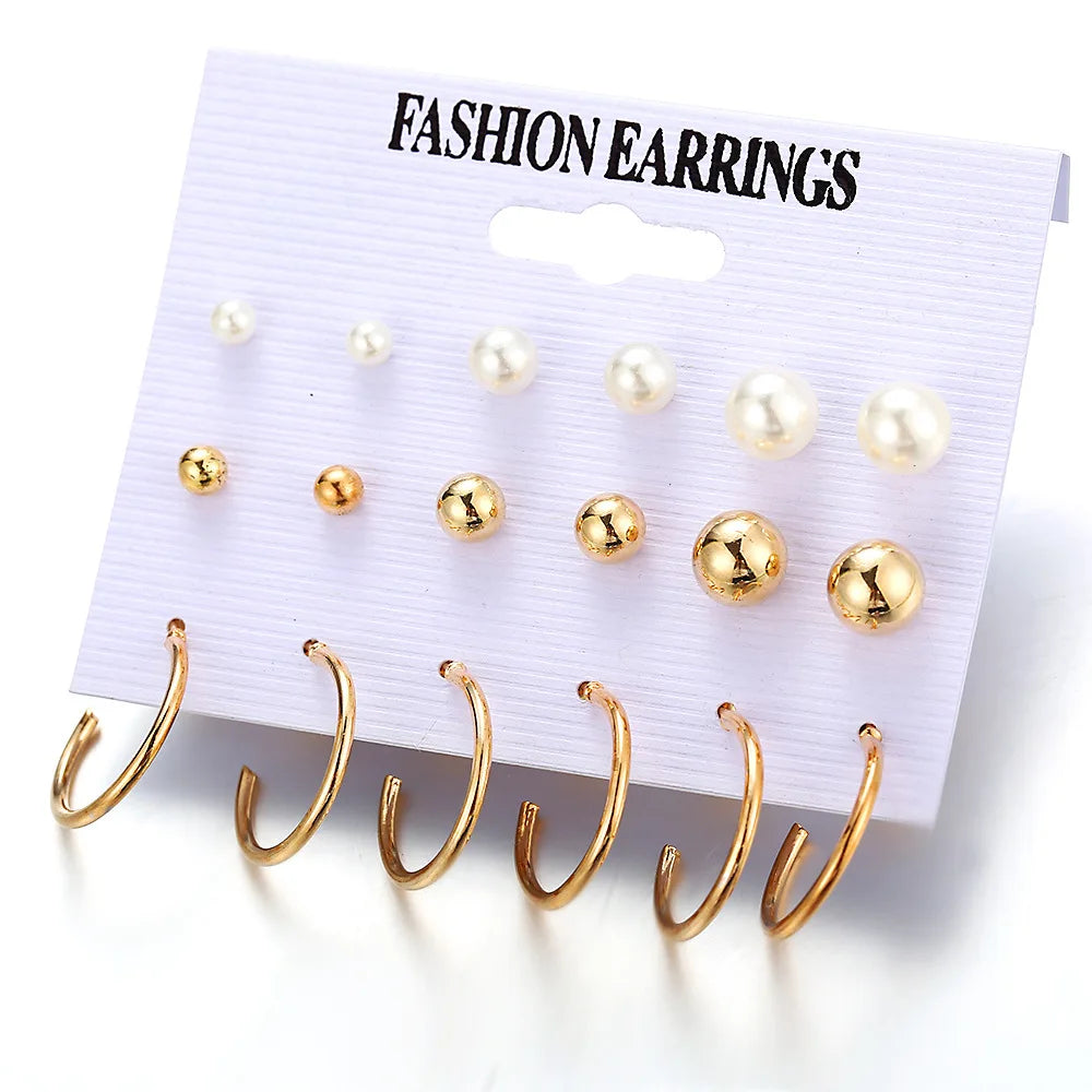 European and American cross-border new minimalist earrings wholesale creative minimalist retro pearl circle earring set 9 pairs