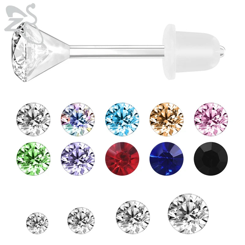 Zs 10/20 Pair Plastic Stud Earrings for Women Men Colorful Shinny Crystal Round Earrings Ear Helix Conch Piercings 3/4/5/6Mm