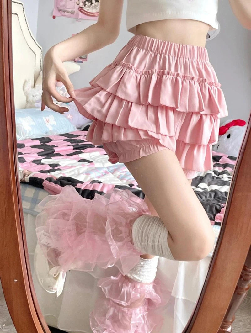 MEXZT Y2K Sweet Ruffles Mini Skirt Women Kawaii Lolita Bow A Line Skirts Harajuku Japanese High Waist Pink White Ball Gown Skirt