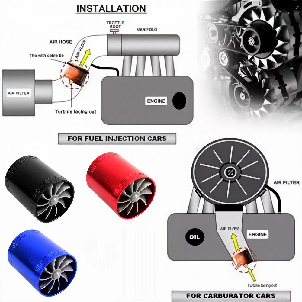 Car Air Intake Turbine Refit Turbo Gas Fuel Oil Saver Dual Fan Turbo Supercharger Turbine Fit for Air Intake Hose Dia 65-74mm