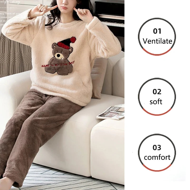 2pcs/Set Large Size Padded Thickened Warm Fall And Winter Women's Pajamas Long-Sleeved Long Pants Set Coral Velvet Cartoon Bear