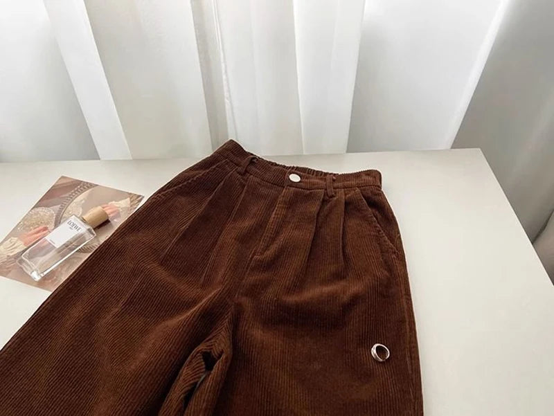 Retro High Waist Corduroy Pants Women Spring Fall Straight Causal Full Length Trousers Korean Fashion Baggy All Match Black Pant