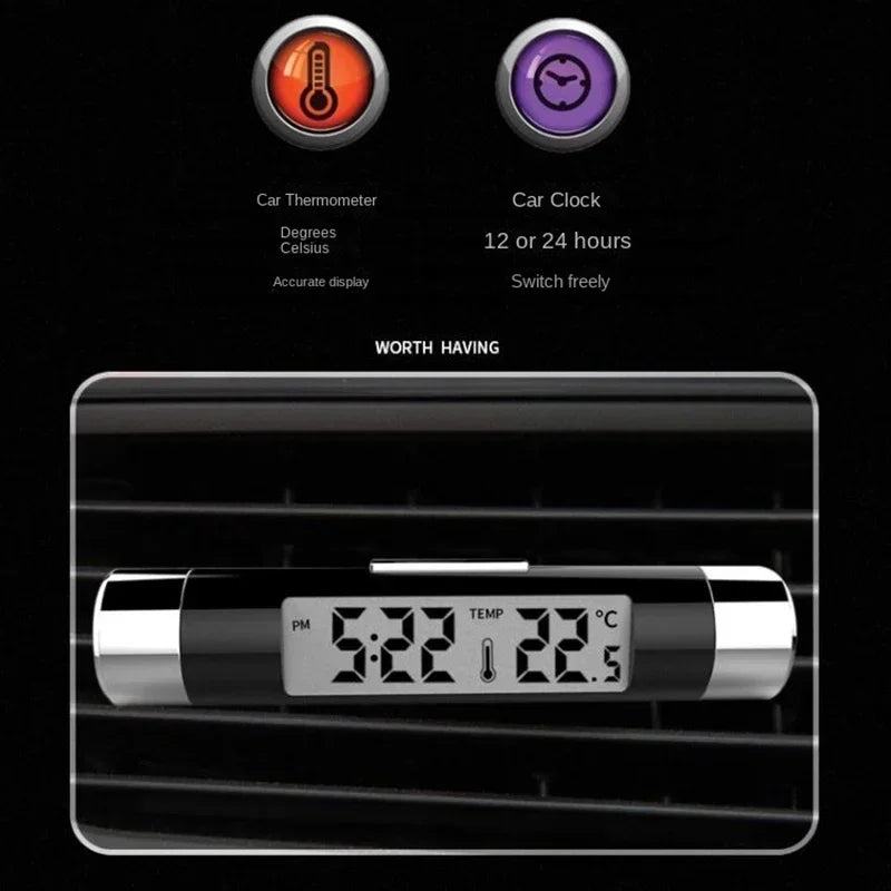 Car Air Outlet Thermometer Electronic Clock Time Led Digital Display Thermometer with Back Luminous Car Supplies Clock for Car