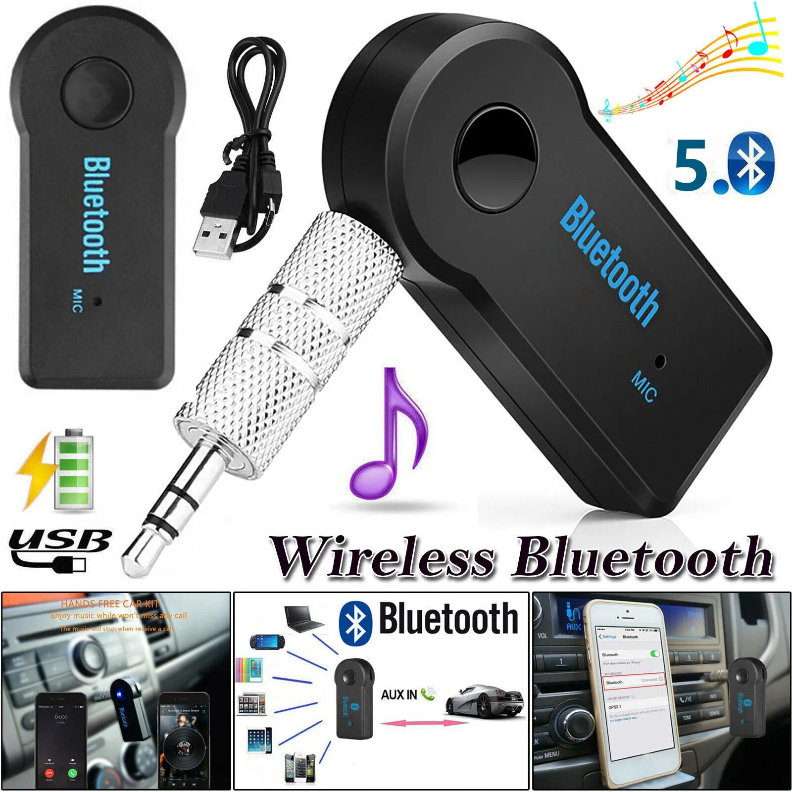 2 in 1 Wireless Bluetooth 5.0 Receiver Adapter 3.5mm Jack For Car Music Audio Aux A2dp Headphone Reciever Handsfree