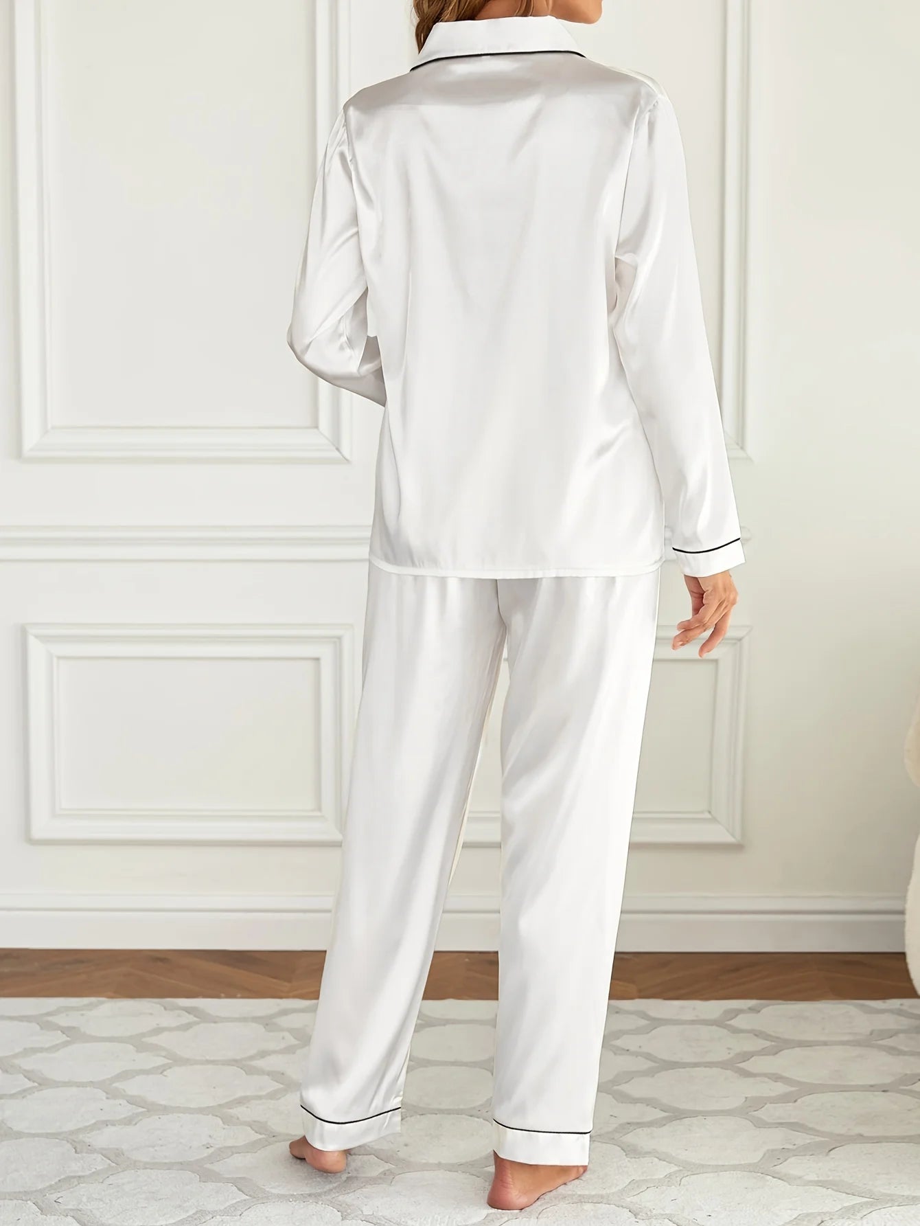 Solid Pajama Set Long Sleeve Button Up Lapel Top & Pants Pj Set Women's Sleepwear & Loungewear