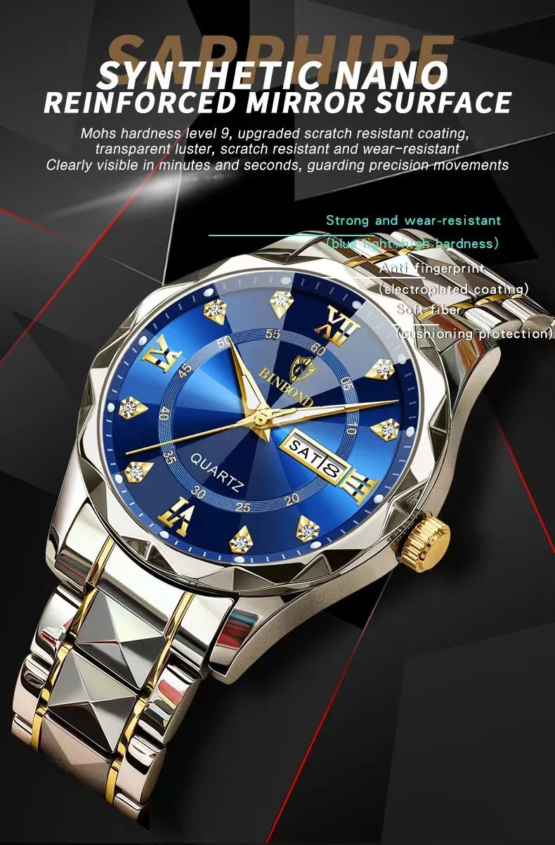 BINBOND Top Brand Luxury Fashion Quartz Watch Men Waterproof Week Date Clock Stainless Steel Sport Watch Men Quartz Wristwatch