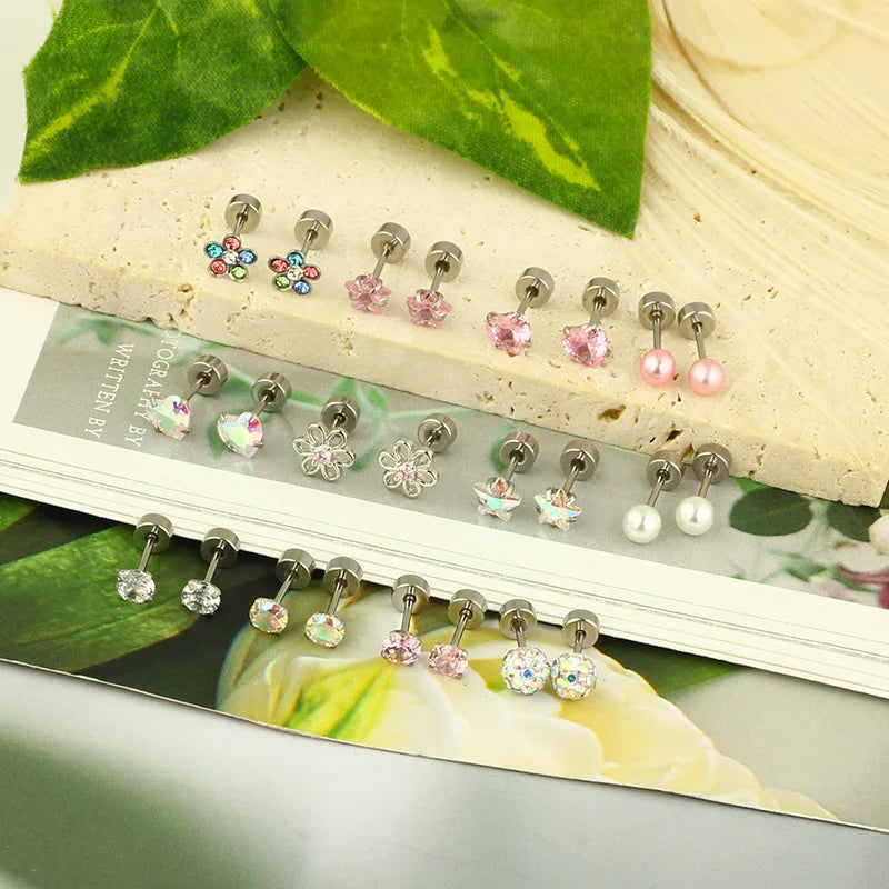 12 Pairs Stainless Steel Earrings Sets Hypoallergenic Screw Back Stud Earrings Cute Heart Tiny Pink Stud Earrings For Women Girl