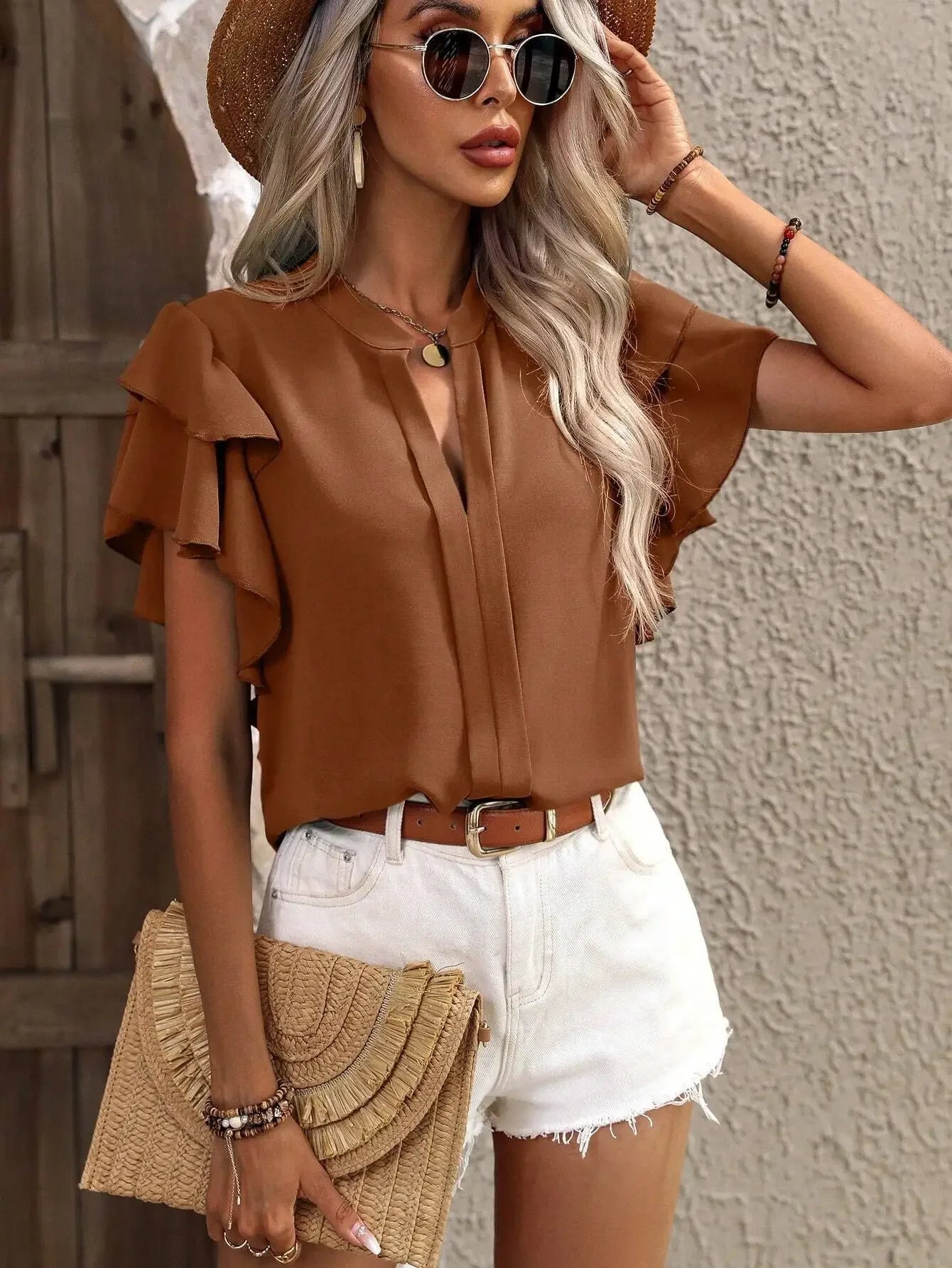 Summer Women's Shirt Solid Color V-neck Short Sleeve Pullover New Office Lady Ruffle Sleeve Casual Blouse Women Tops S-XXL Shirt