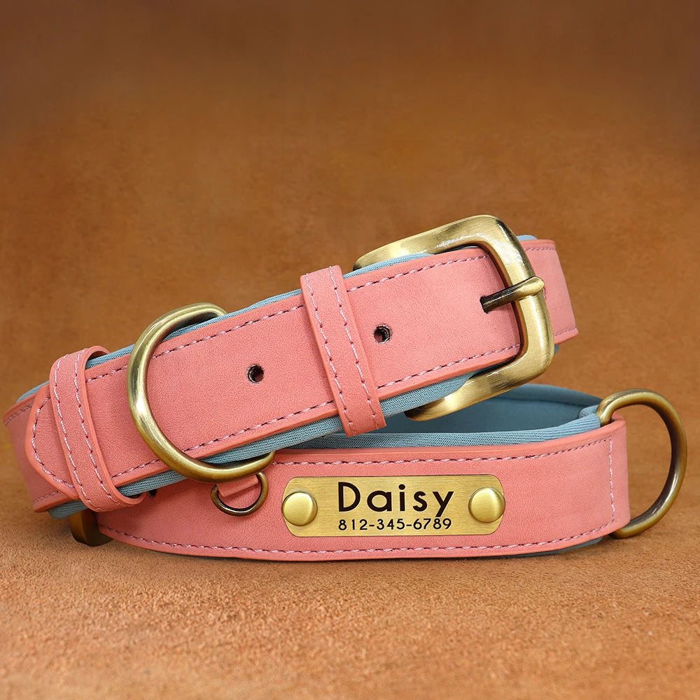 Customized Leather ID Nameplate Dog Collar Soft Padded Dogs Collars Free Engraving Name for Small Medium Large Dogs Adjustable