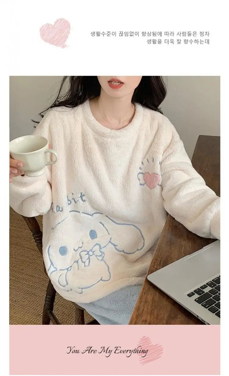 Cute Cinnamoroll Winter Pajamas Suit Sanrioed Anime Kawaii Cartoon Plush Homewear with Chest Pad Women Flannel Warm Nightwear