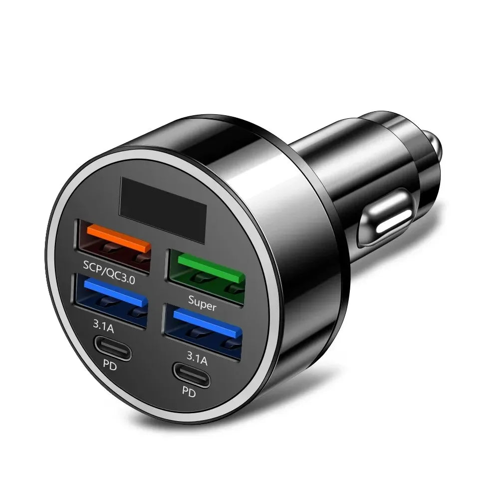 250W PD Car Charger QC3.0 Fast Charge One to Six Car Cigarette Lighter Plug 5 Port Car Charger Flash Charge with Digital Display