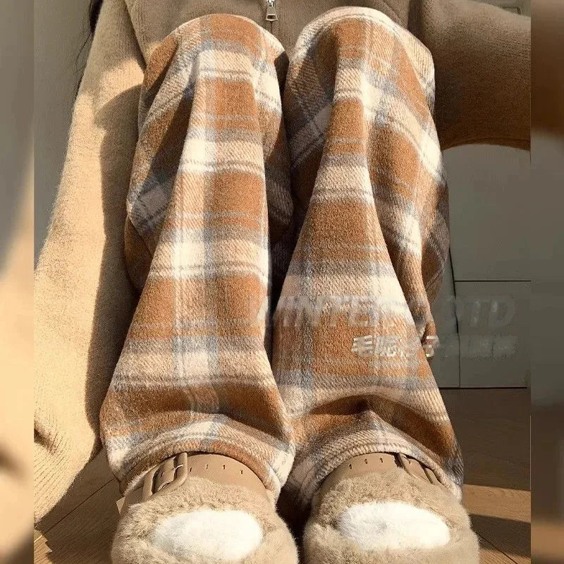 Vintage Plaid Padded Thick Pants Women Fall Winter Warm High-Waisted Casual Straight Wide-Legged Pants Hip-Hop Y2K Trousers