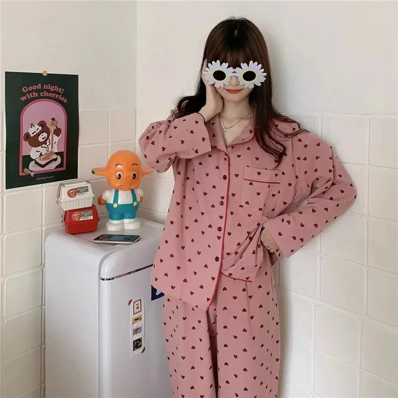 Large Size Sexy Nightwear Women Sleepwear Autumn and Winter Cardigan Home Wear Peach Heart Long Sleeves School Silk Pajamas