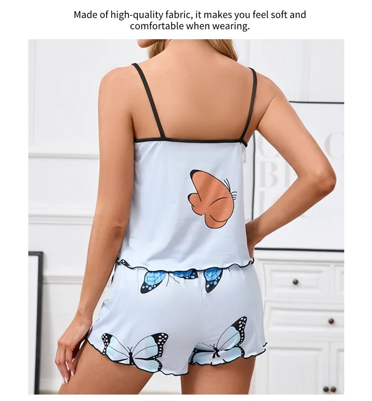 Women's Pajama Set Butterfly Print Sleepwear Summer Sleeveless Cami Tops & Shorts Pyjama Pjs Suit Soft  Home Clothes Loungewear