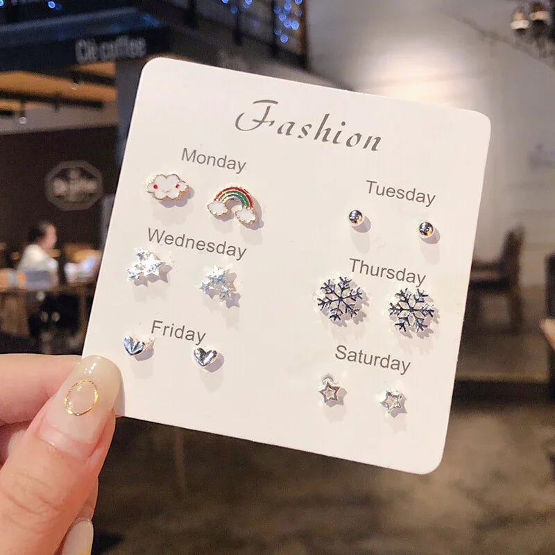 2024 Korean Fashion Exquisite Af Aweek Earrings Set 7 Pairs of Simple and Sweet  Earrings Set Combination of Week Jewelry Gifts