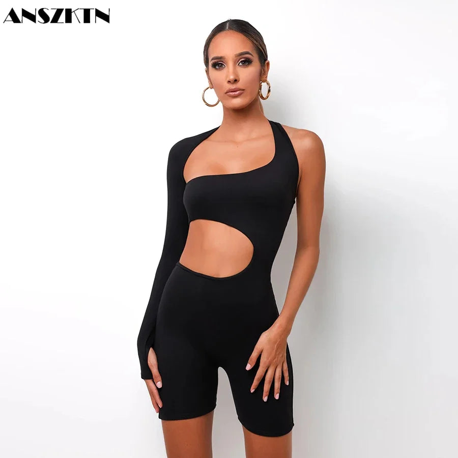 ANSZKTN Skinny Fitness Womens Playsuit 2020 Asymmetrical Solid Ladies Jumpsuits Elastic Ribbed Jumpsuits Bodycon Jumpsuit