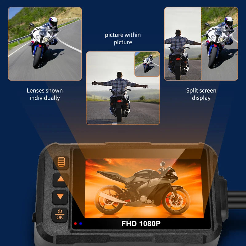 ACODO 1080P Waterproof Motorcycle Camera DVR Motorcycle Dashcam 3 Inch Front & Rear Camera Video Recorder Black Night Vision Box