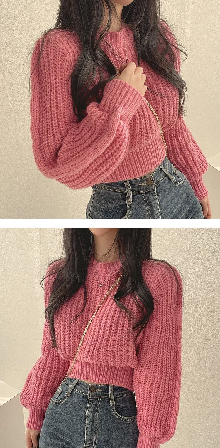 Knitted Sweater Pullovers New Design Cute Sweet Japan Girls Solid O Neck Short Crop Knit Tops 4 Colors 2024 Winter Autumn