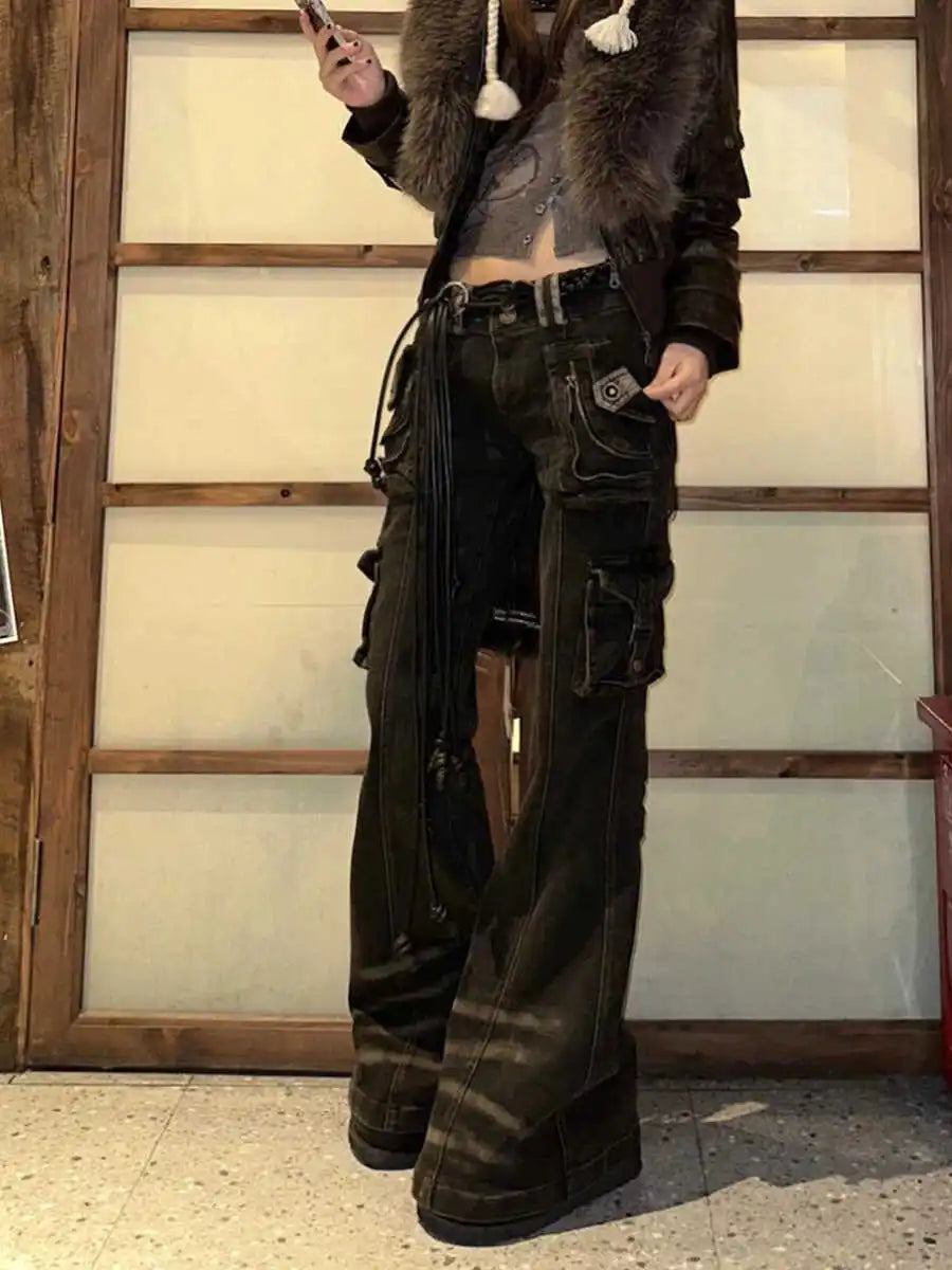 Women Korean Fashion Chic Jeans Grunge Japanese Harajuku Gyaru Y2K Denim Cargo Pants Cyber Punk Hip-pop 2000s Aesthetic Tomboy