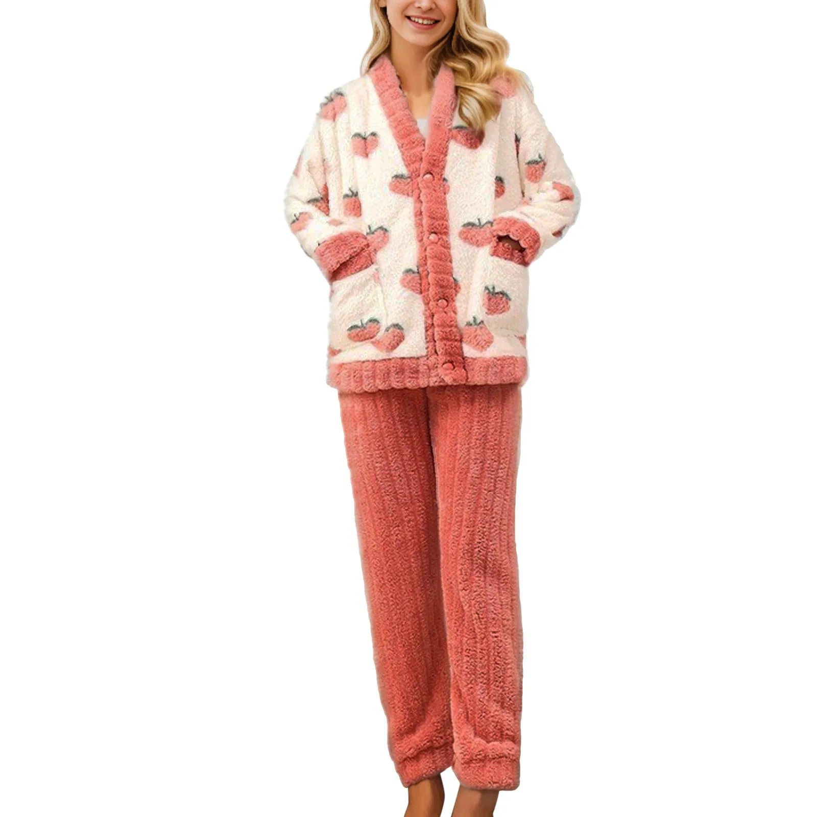 Women's Fleece Flannel Pajamas Set Cute Fruit Contrast Color Warm Plush Loungewear For Women Thickened Homewear Warm Nightwear